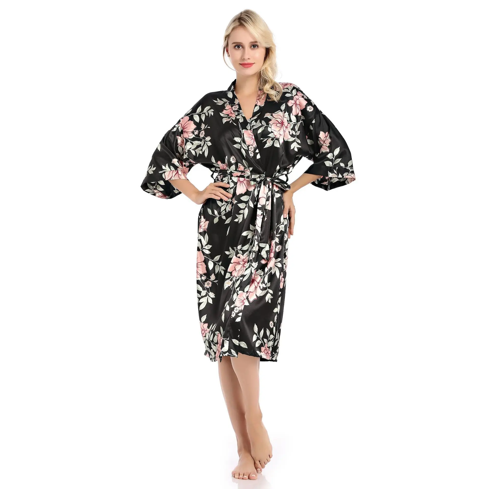 

Silky Print Flower Kimono Bathrobe Gown Casual Women Sleepwear Nightdress Satin Homewear Black Intimate Lingerie Nightgown