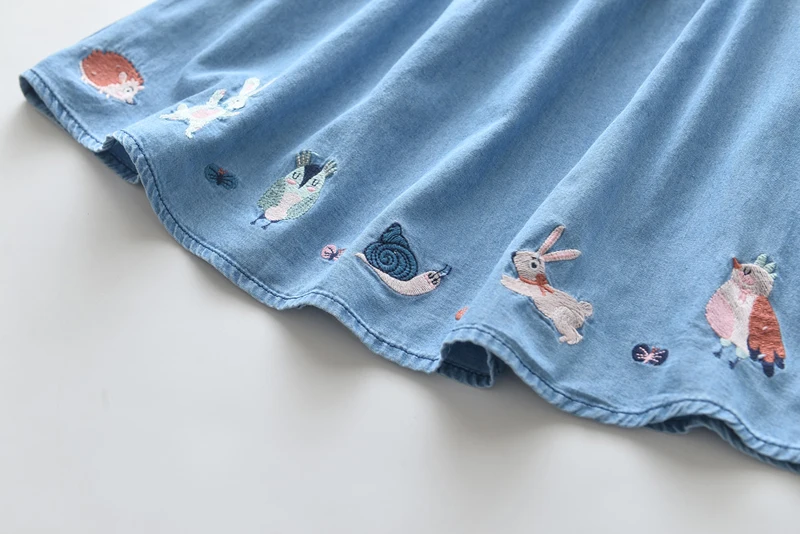 Girl Tops Dresses Children's Clothing Girls Princess Embroidery Cartoon Animal Cowboy Round Neck Doll Denim Dress | Детская одежда
