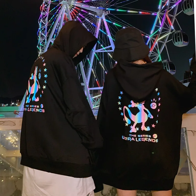 

Hip Hop Couple Hoodies Cartoon Print Colorful Night Reflective Hooded Sweatshirts Men Casual Loose Pullover Tops Homme Hoodies