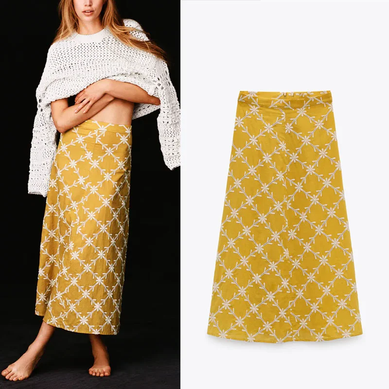 

2021 ZA Embroidered Cape Midi Woman Skirt Summer High Waist Casual Long Skirts Chic Back Hidden Zip Yellow Elegant Shirts Women