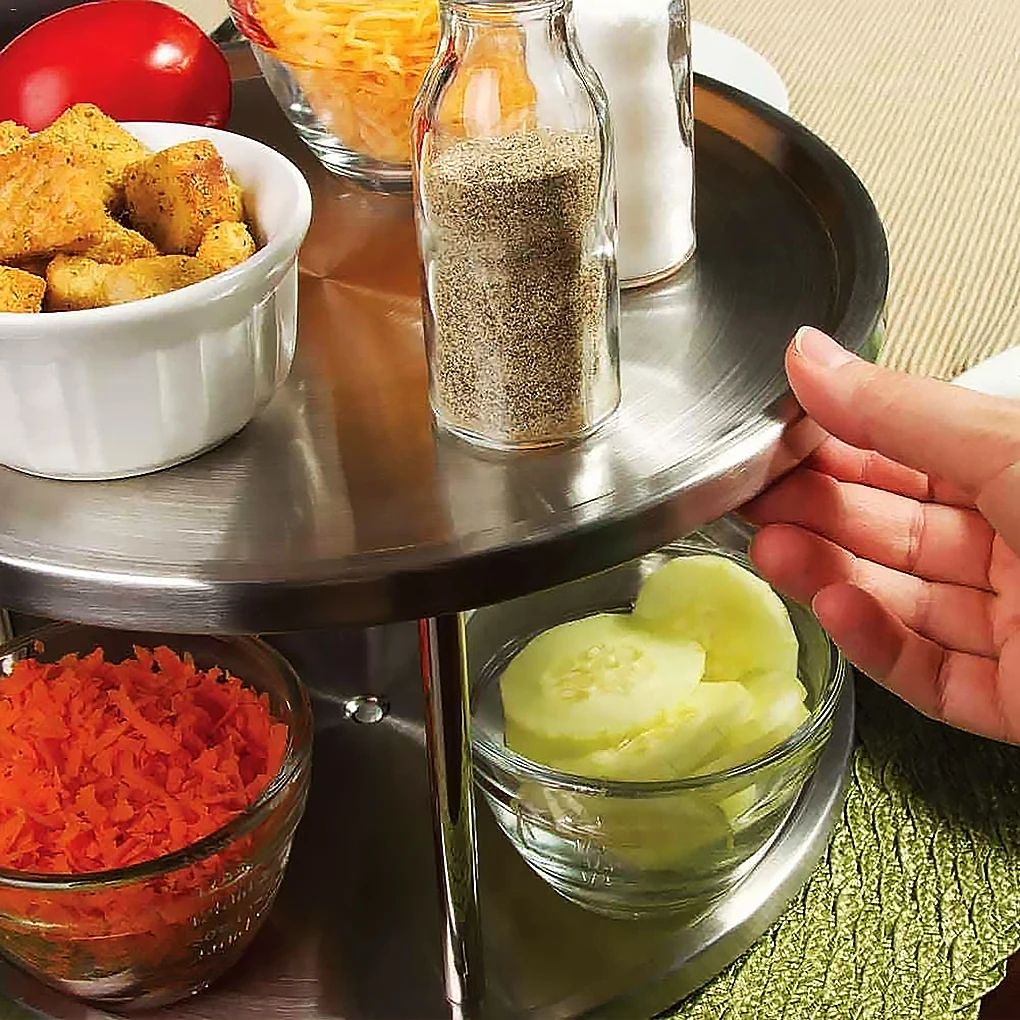 

Double-layer 2-Tier 360 Degree Rotatable Spice Tray Stainless Steel Kitchen Spice Round Stand Holder Rack