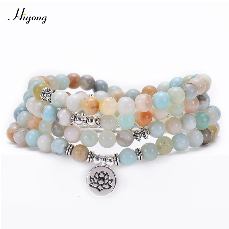 

Модный полированный браслет HIYONG из амазонита 108 Mala Beads или ожерелье OM Lotus Buddha Подвеска с деревом жизни Yoga, браслет, ювелирные изделия