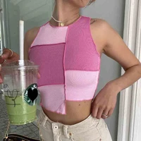 women fashion patchwork sexy crop top women clothing t shirt ladies colorblock ribbed casual vintage tops tee shirts female new