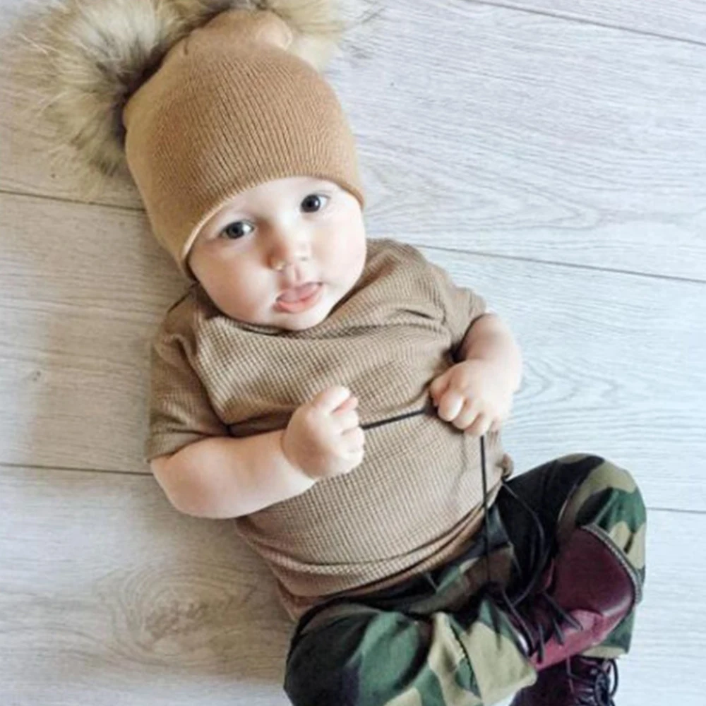 Шапка-бини детская с двумя меховыми помпонами зимняя теплая Шерстяная Вязаная