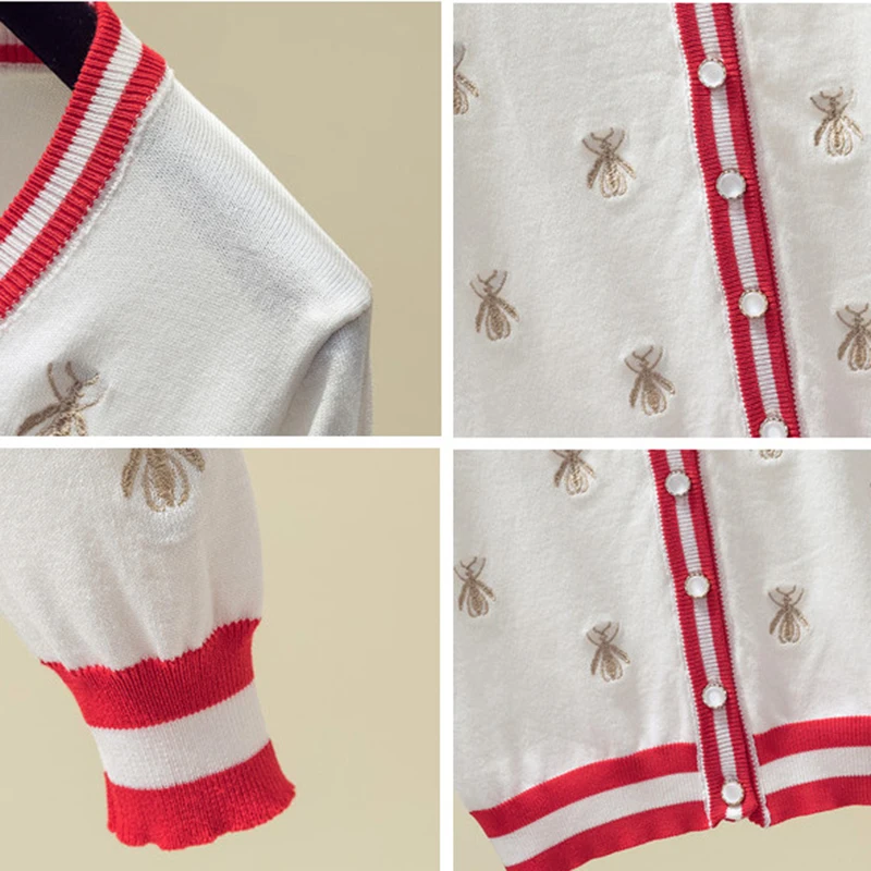 Женский трикотажный кардиган с вышивкой пчелы длинный рукав v-образный вырез