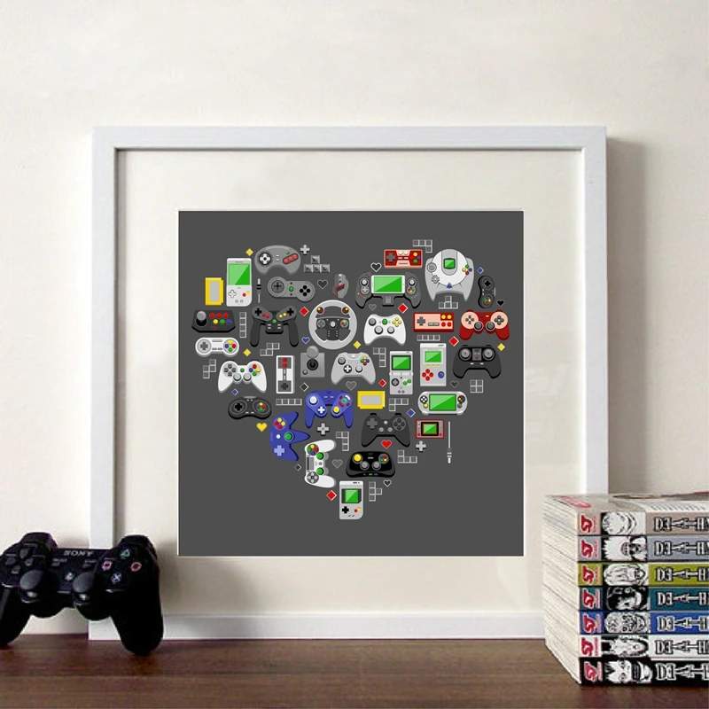 

Hd Print Love Video Game Picture Heart Shape Gaming Devices Illustration Posters Boys Room Wall Art Decor Modern Canvas Painting