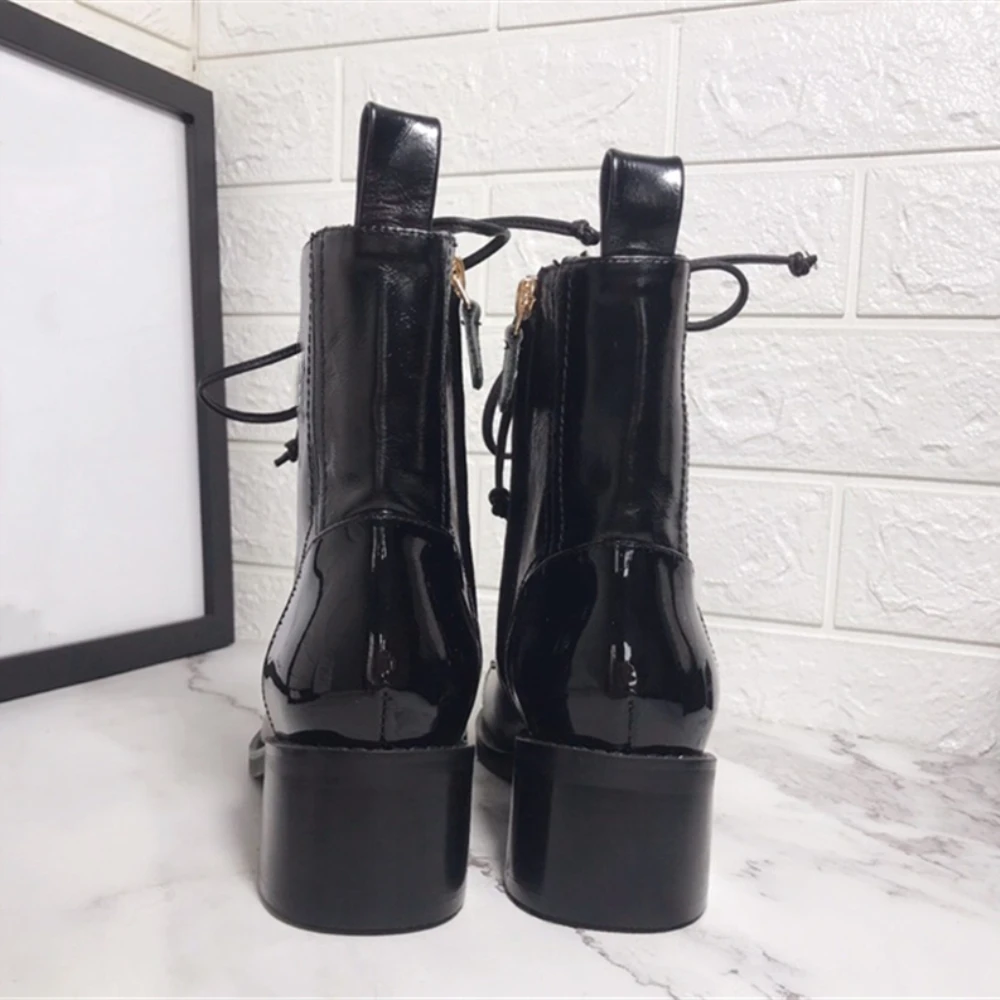 New Genuine Leather Lace Up Women Spring Autumn Boots Round Toe Thick Heel Ankle Shoes White and Black Size35-40 | Обувь