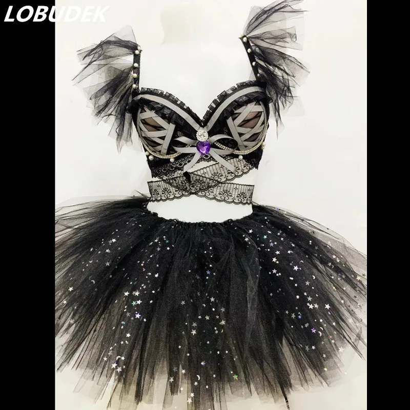 Флуоресцентный сценический костюм с черными кристаллами бикини сетчатая мини