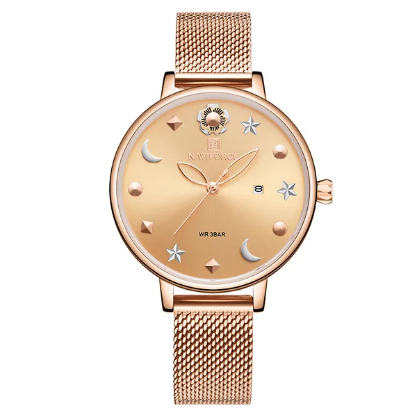 NF5009-RoseGold NAVIFORCE, новинка, женские часы, уникальная бабочка, нержавеющая сталь, сетчатый Браслет, кварцевые наручные часы для дам, девушек, модный подарок - Цвет: NF5009-RoseGold