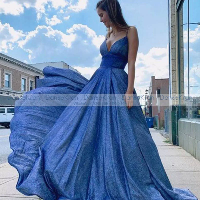 

Блестящие синие платья с V-образным вырезом для выпускного вечера 2021 сверкающие длинные Официальные Вечерние платья на молнии сзади трапец...