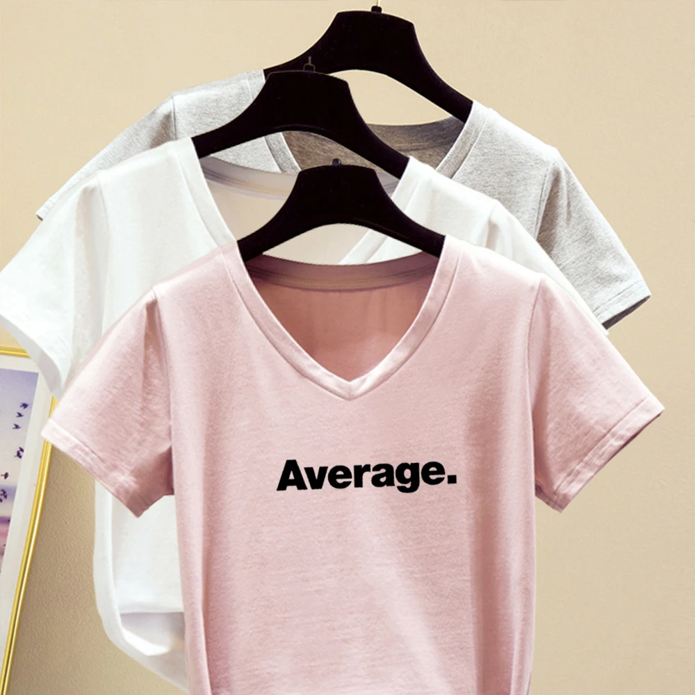 

Женская футболка среднего размера, из футболки с коротким рукавом хлопка, с V-образным вырезом, летняя, повседневная, однотонная, в Корейском...