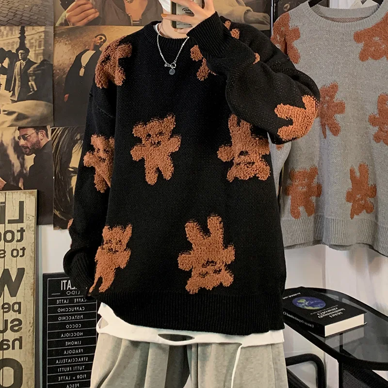Осенне-зимний свитер с круглым вырезом медведем мужской модный свободный