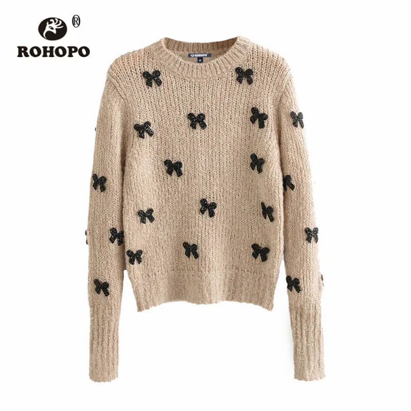 ROHOPO хаки круглый воротник с длинным рукавом свитер Черный Лук Бисероплетение