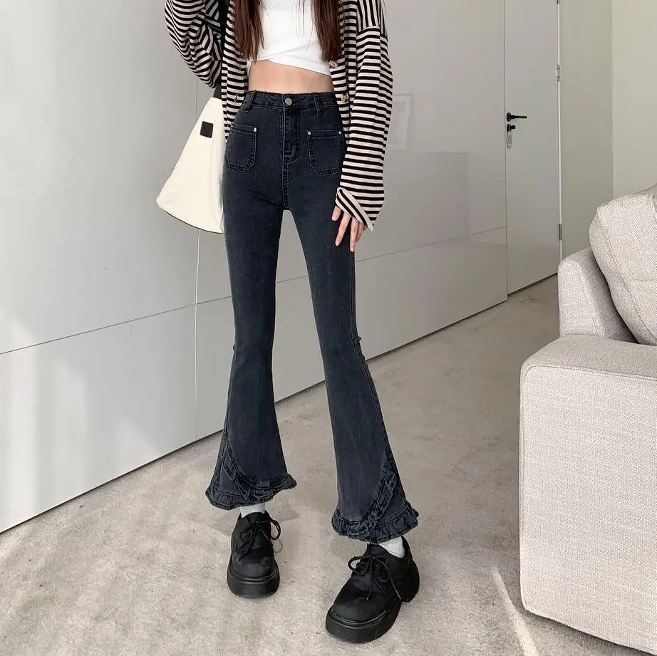

Irregular lace Vintage Flared Pants Women's 2021 Spring Summer High Waist Slim High Elastic Casual Split Jeans Pants For Women