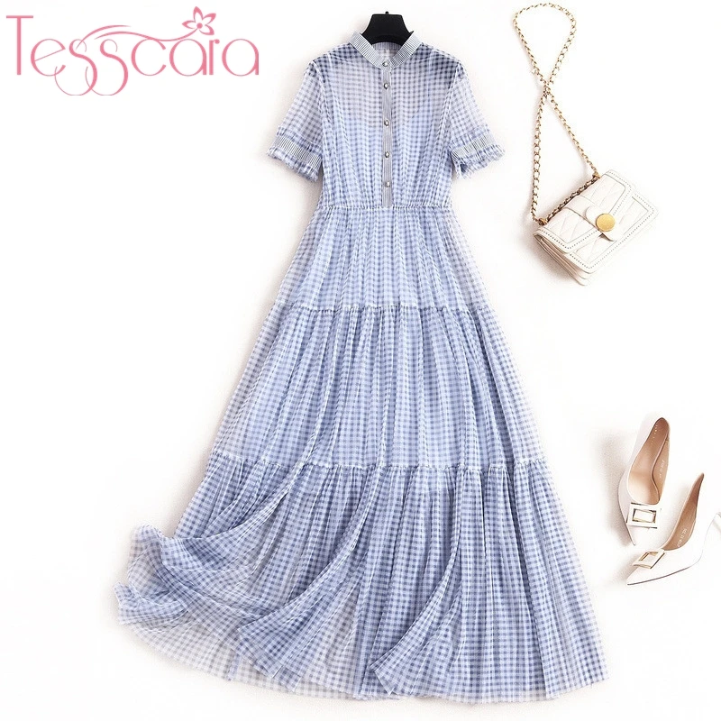 Женское модельное дизайнерское синее клетчатое шифоновое платье TESSCARA рубашка