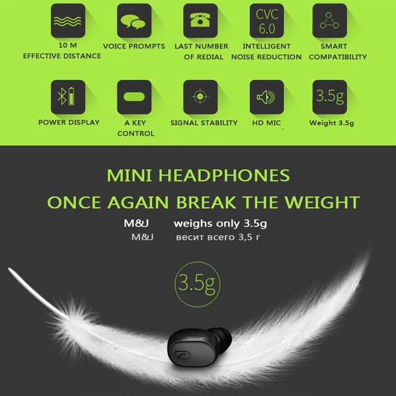 M & J Мини Bluetooth наушники с микрофоном беспроводная гарнитура музыкальные V4.1