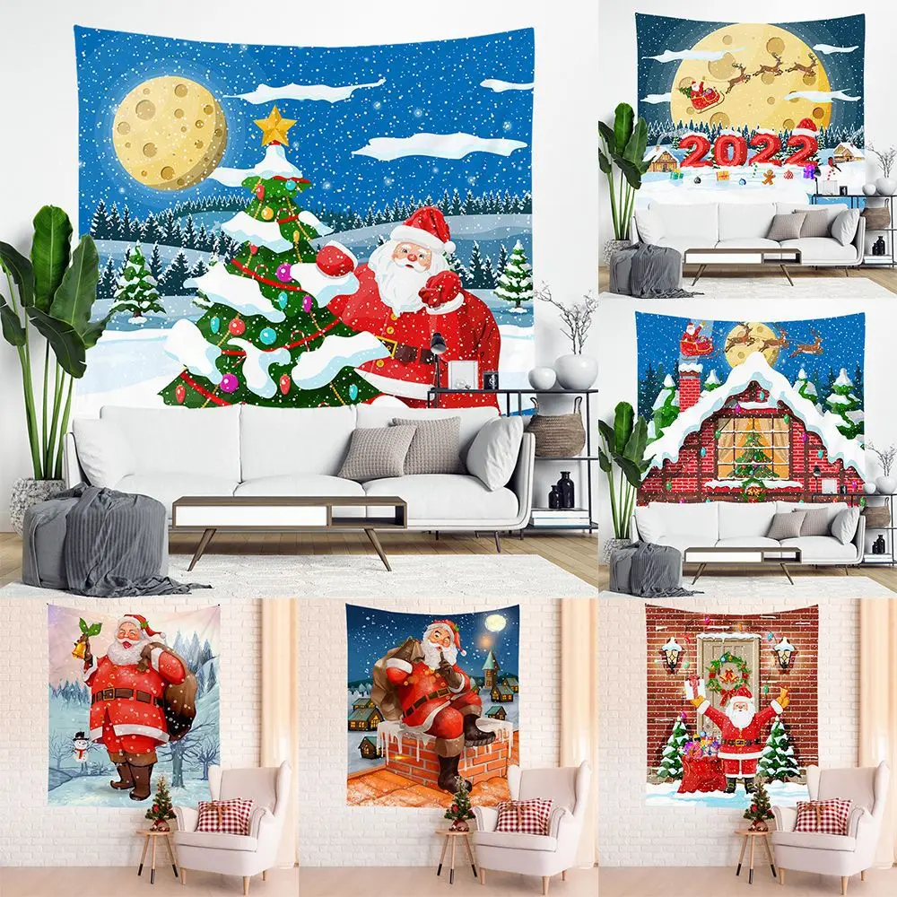 

2021 New Luxury White Red Cartoon Christmas Hanging Cloth Sofa Background Tapestry Santa Claus Bedroom Hanging Wall Curtains