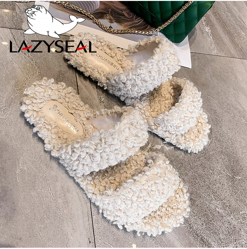 LazySeal; цветные домашние тапочки с натуральным мехом; женская обувь; женские шлепанцы без задника на плоской подошве; женские пушистые домашние шлепанцы; пушистая плюшевая обувь