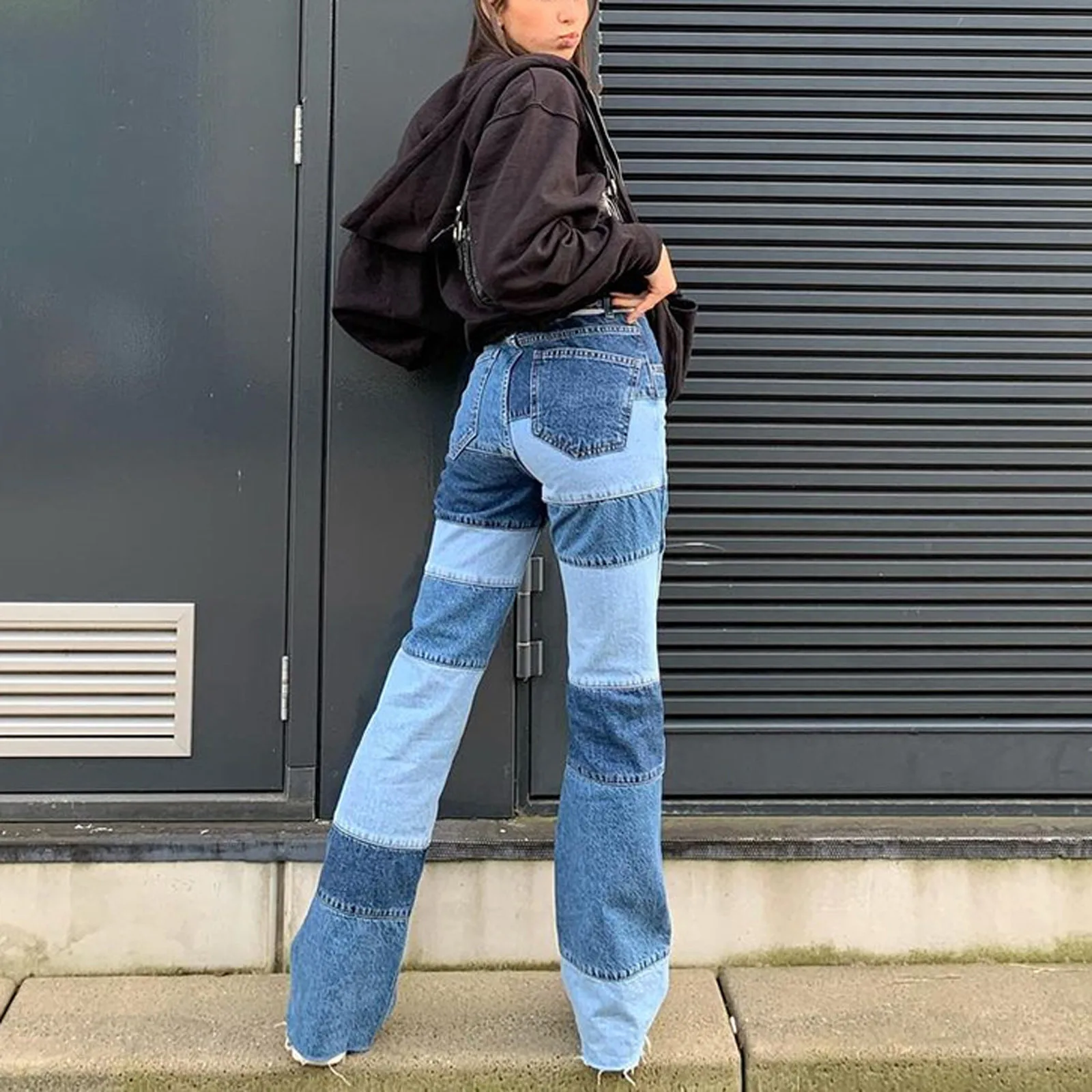

Women Fashion Casual High Waist Matching Color Block Patchwork Straight Jeans Boyfriend Denim Pants Trousers Vaqueros Mujer