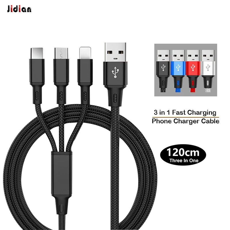 Дешевый 3 в 1 USB-кабель Тип C шнур питания для смартфона Micro Lightning зарядный кабель