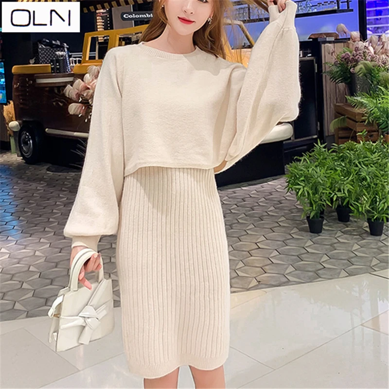 Осеннее платье OLN корейский vestidos Новое поступление Зимний трикотажный шерстяной костюм платье-свитер женский из двух предметов