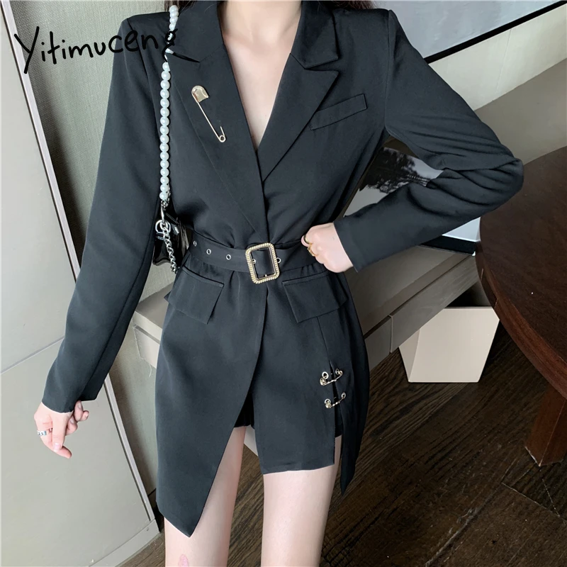 

Yitimuceng Irregular Blazers for Women Split Notched Sashes Solid Casual Clothing Suit Office Lady Girls Coat Black 2021 Spring
