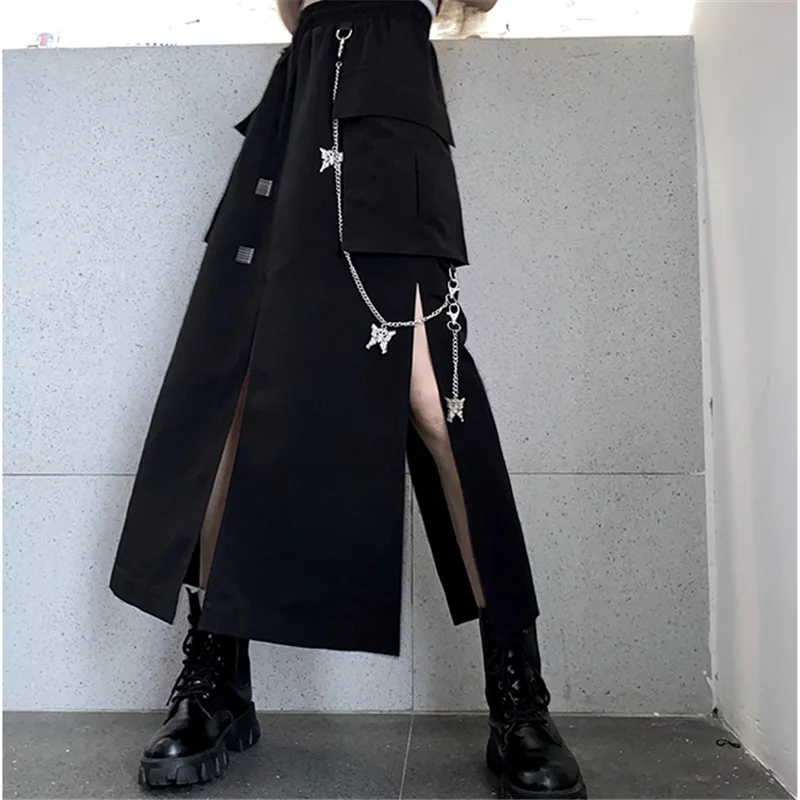 black pencil skirt 2021 New Spring Autumn Women Skirt Fashion Korean style Black Long Skirts with chain side slit Hip hop streetwear plus size mini skirts for women