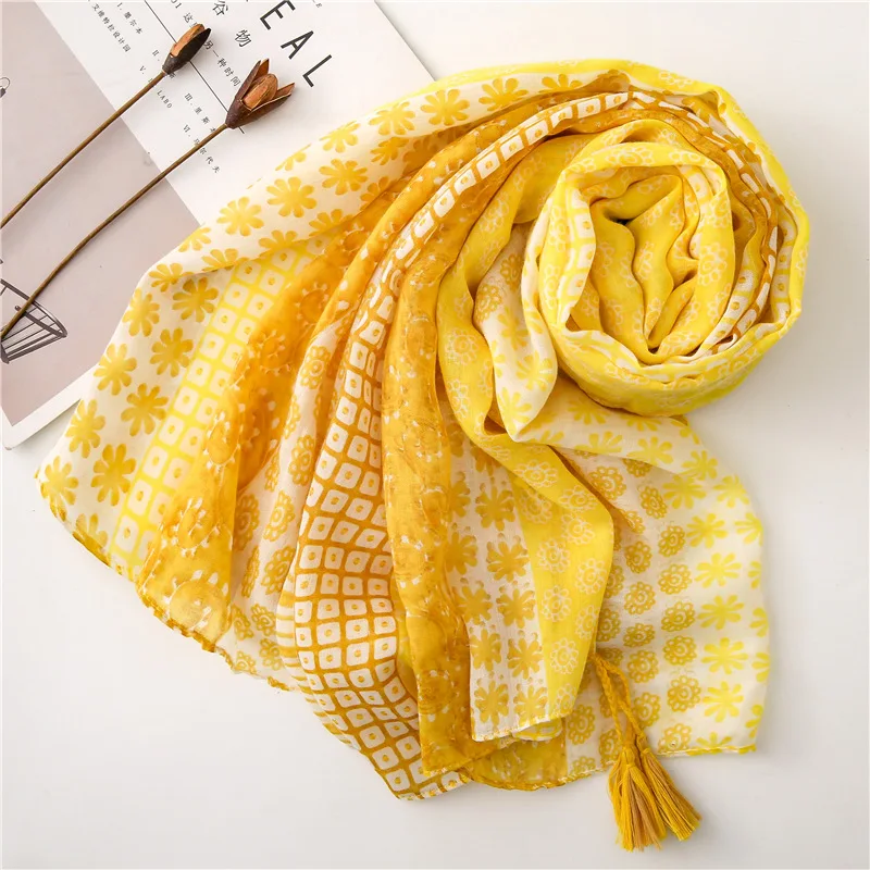2020 Женский Осенний желтый шарф из вискозы в горошек с цветочной кисточкой