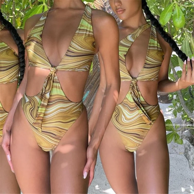 

Sexy Push Up Women's Swimsuit One Piece Striped Print Swimwear Deep V Knotting Waist Side Cut Out Monokini Beach Bathing Suit