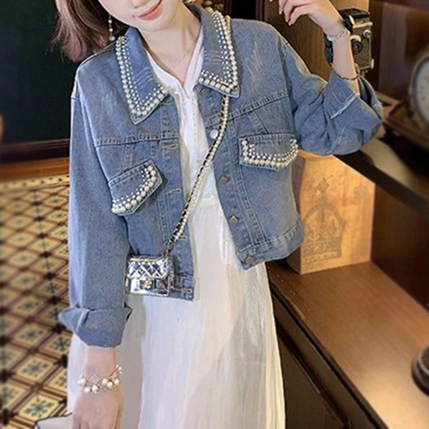 

Spring Autumn Casual Denim Jackets Women 2021 Korean High Street Pearl Elegant Short Jeans Jacket Denim Chaquetas Outwear