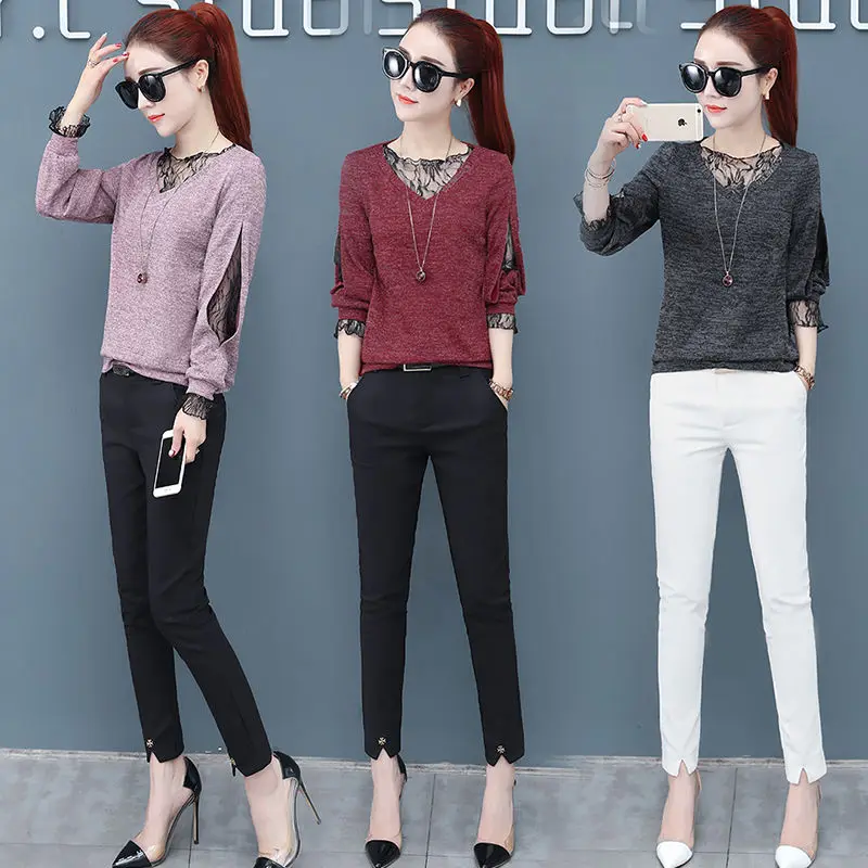 

Long-sleeved Lace Hole Shirts Women 2020 Spring Korean Version Of The Loose Casual Base V-neck Blouse Female Patchwork
