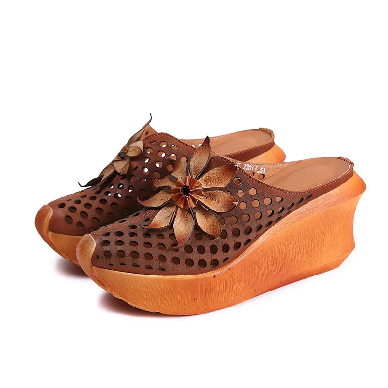 

Hollow Out Women Slippers Wedges 9 cm Super High Heel Sandals Shoes Genuine Leather Vintage Platform Breathable 2021 New Summer