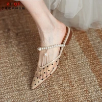 flats slippers mesh yarn outwear wear hollow outs breathable sandals 2021 summer slipper pearl evening shoes woman slides