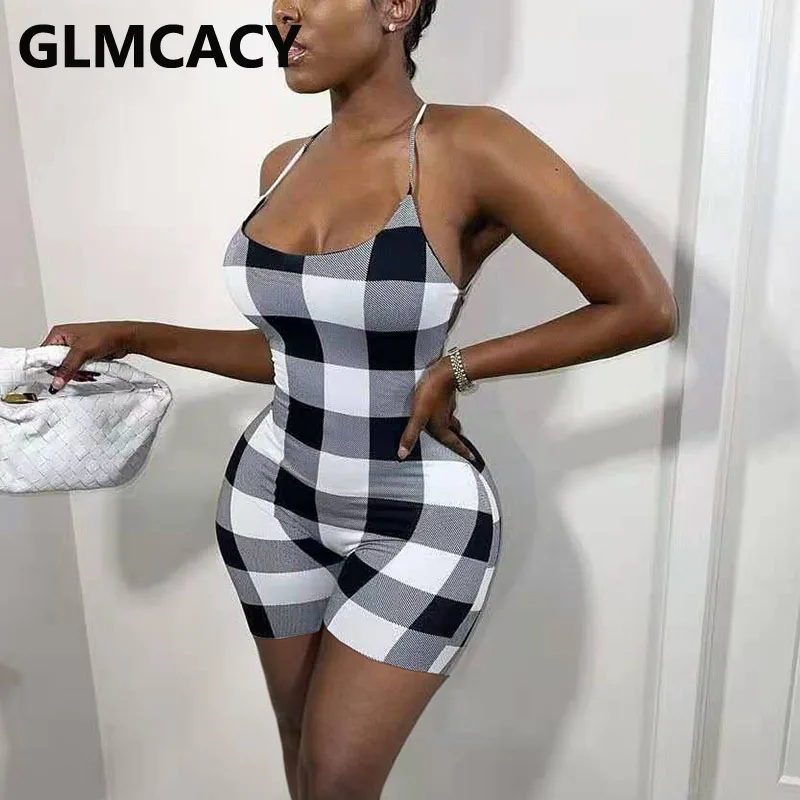 

Spaghetti Strap Backless Plaid Rompers Summer Sexy Playsuit