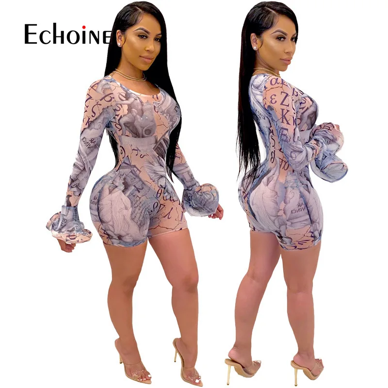 

Echoine 2021 summer Woman Mesh perspective Long Sleeve Romper Playsuit Casual Party Clothes Female Overalls Sexy Club Outfits
