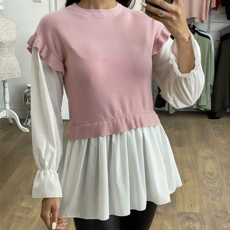 

Women Ruffle Long Sleeve Ribbed Blouse Fashion Pleated Patchwork Spring Autumn Tops Retro O Neck Shirt Blusa Pullover Streetwear