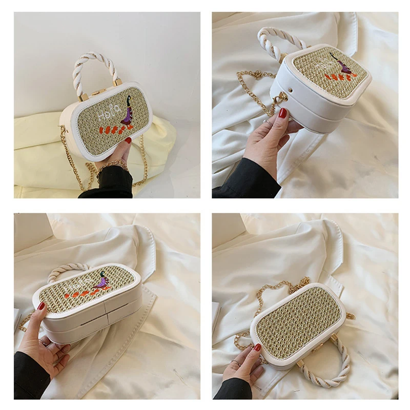 

2021 Designer Duck Embroidered Women's Straw Woven Handbags Woven Box Bags Chain Crossbody Bags for Women Travel Beach Bag Purse