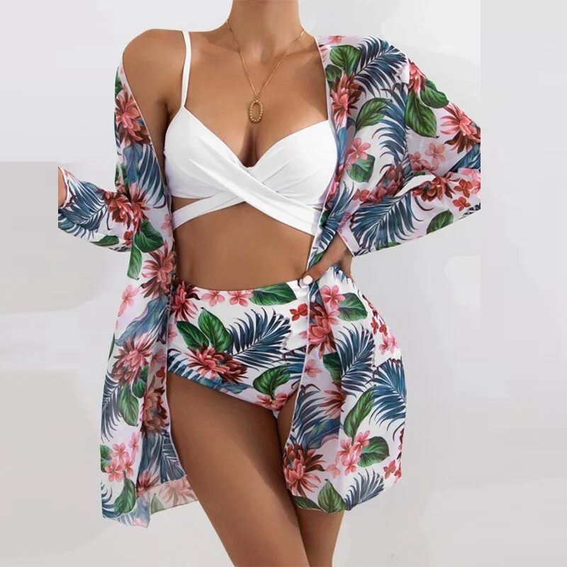 

3-piece women's Bikini, sexy swimsuit, with bra and vest, with print, summer fashion, 2021