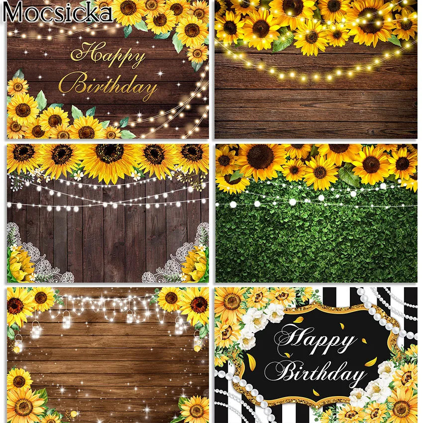 

Mocsicka Sunflowers Birthday Backdrop Rustic Wood Sunflower Bridal Shower Wedding Bday Party Decorations Photography Backg