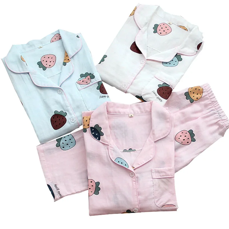 

2020 Autumn Winter New Women 2pcs Pajama Set Turn-Down Collar Cartoon Strawberry Printed Ladies Soft Cotton Girls Home Sleepewar