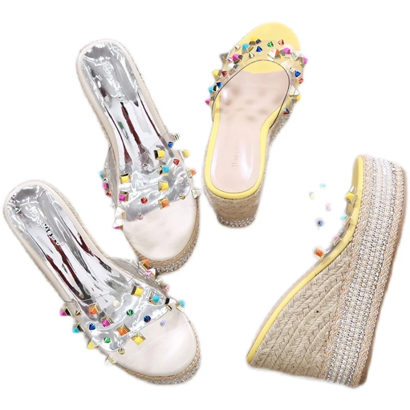 

Female Shoes Ladies' Slippers Rivet Glitter Slides Rubber Flip Flops Multicolored Sandals String Bead On A Wedge Platform Women