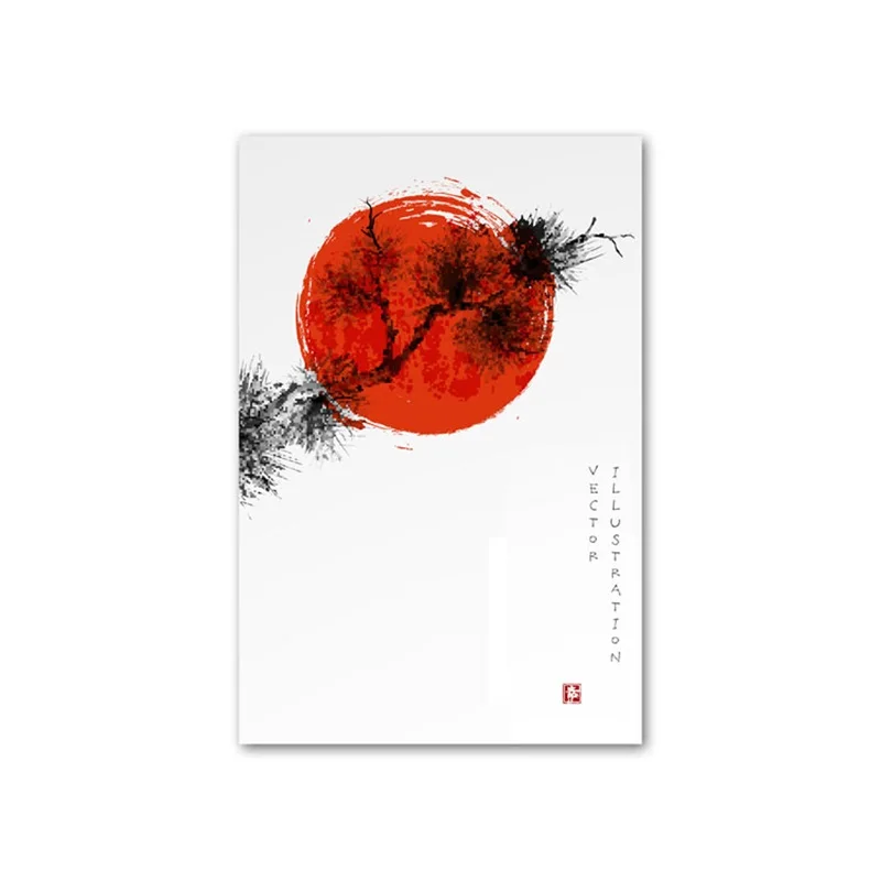 Картина с красными ветками дерева листьями птицами холст Постер и печать