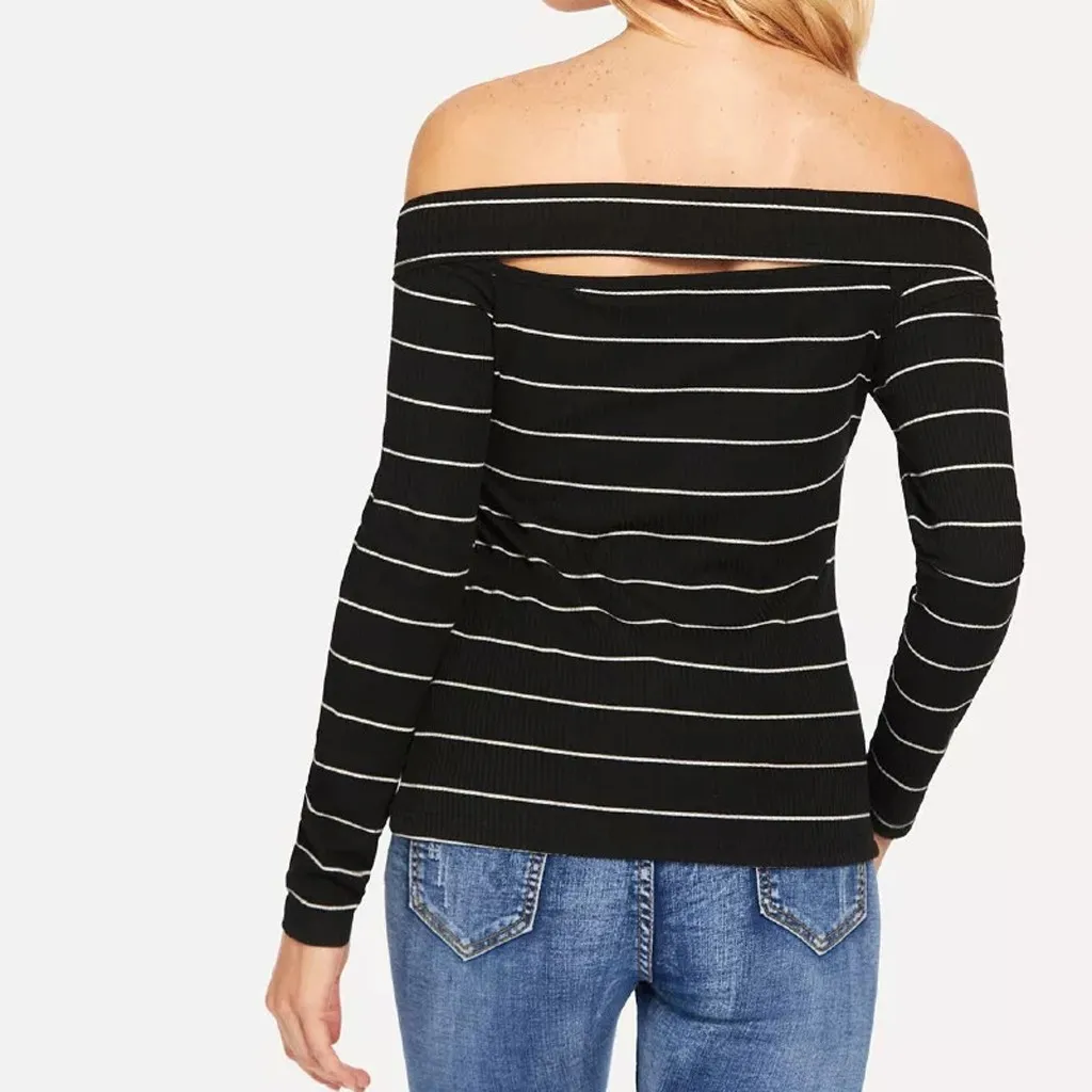 Модное платье в полоску с открытыми плечами блуза Повседневное зимняя женская