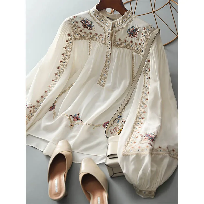 

Vintage Chiffon Shirt Women Spring Summer French Palace Style Printing Puff Sleeves Blouse Fashion Long Sleeve Top 2021Hot Sell