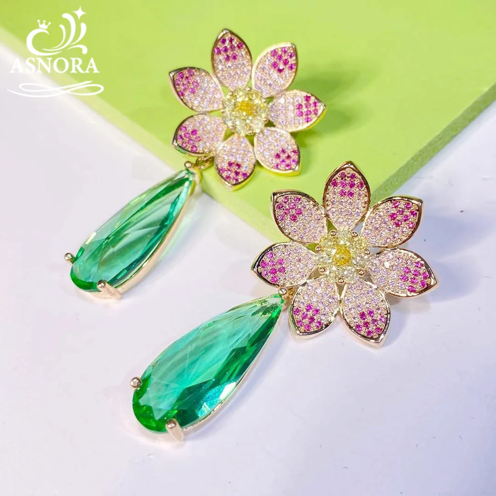 

ASNORA Ladies Cubic Zirconia Flower Water Drop Earrings Luxury Green Yellow Pendant Earrings Bridal Wedding Jewelry
