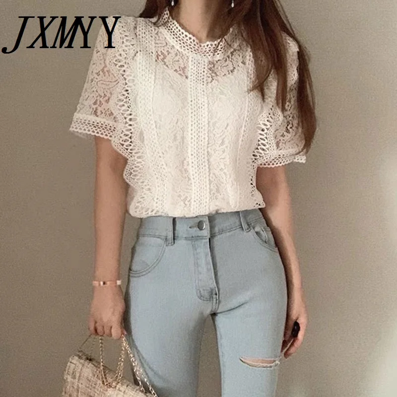 

JXMYY 2021 модная шикарная французская нишевая ретро элегантная универсальная кружевная ажурная рубашка с коротким рукавом и воротником-стойк...
