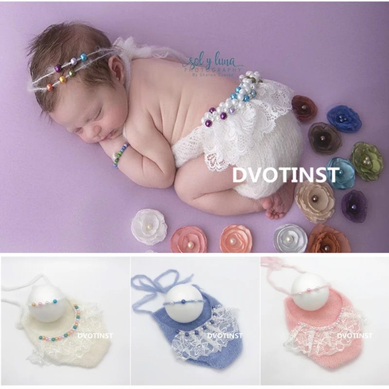 Dvotinst Newborn Baby Photography Props Crochet Knit Lace Mohair Headband+Outfits 2pcs Set Fotografia Studio Shooting Photo Prop