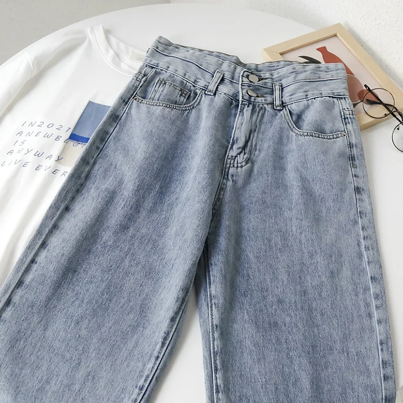 

2021 Spring and Summer Women's High Waist Two Button Wash Casual Light Blue Wide Leg Jeans Pants