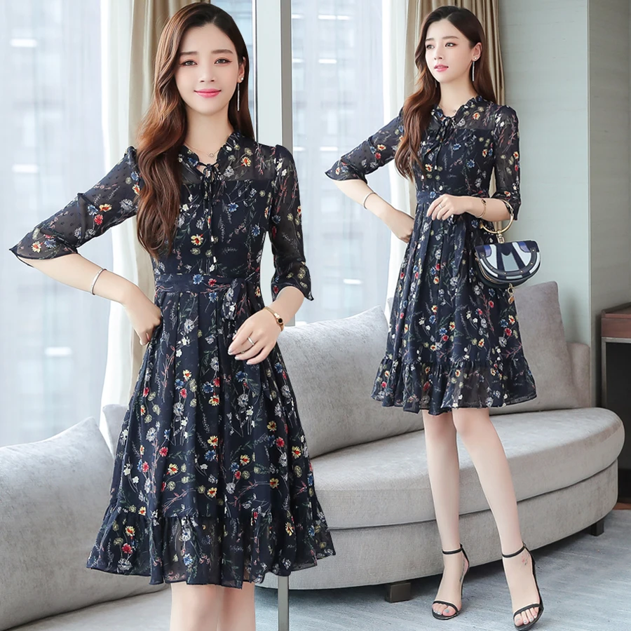 2021 элегантный темно синего цветов с принтом шифоновое платье миди весенне летнее