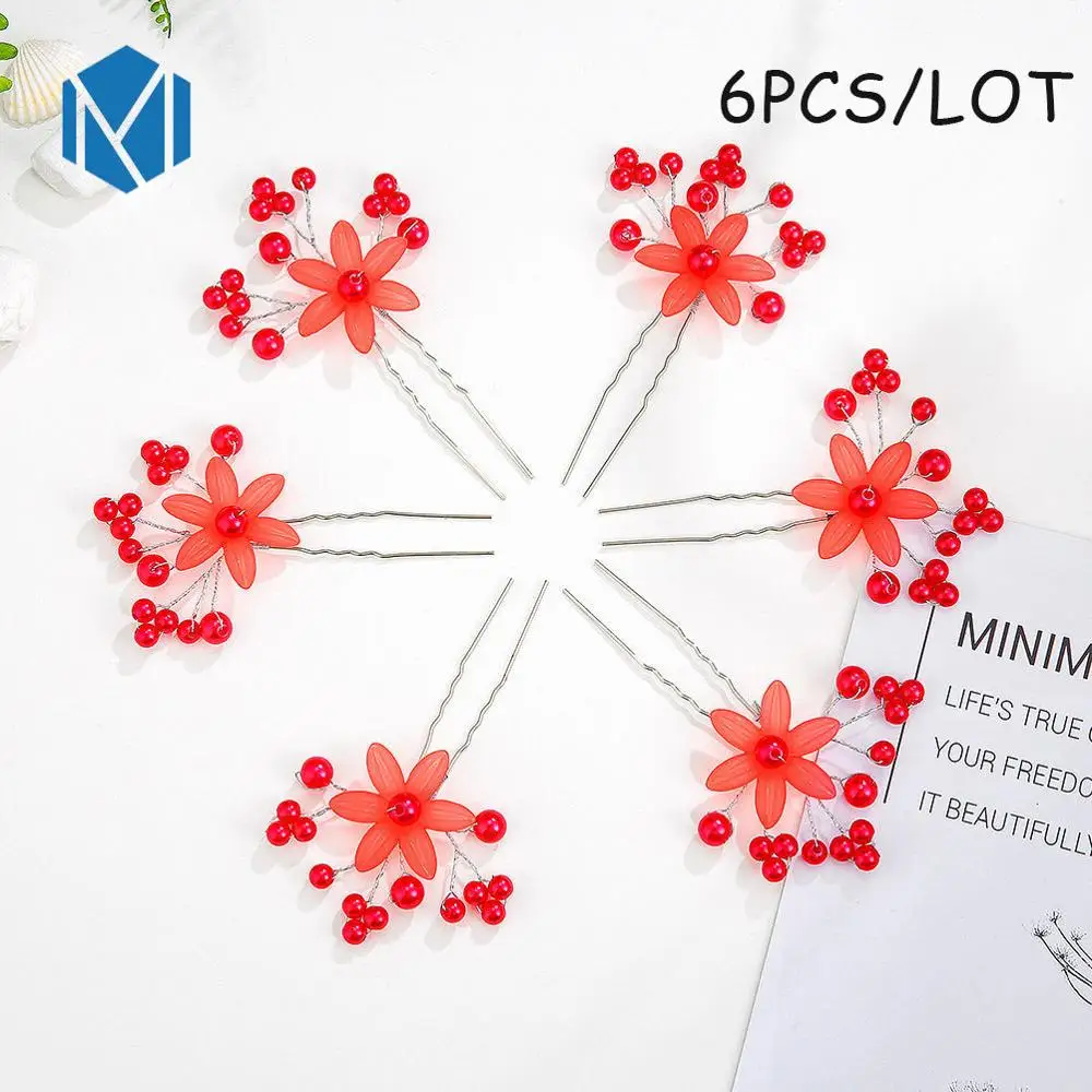 6PCS-Style D-Red М мизм свадебные цветочные палочки для волос жемчужные заколки для волос шпильки для девочек расчески для волос праздничные свадебные аксессуары для волос невесты - Цвет: 6PCS-Style D-Red